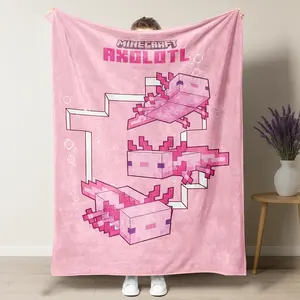 Minecraft Kawaii Cute Pink Pixel Axolotl Throw Blanket - Soft Cozy Gaming Room Decor for Girls & Kids - Blocky Style Sea Creature Fleece Blanket - Perfect Birthday Gift for Fans