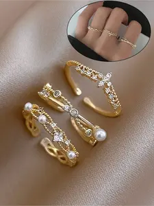 Elegant Crown Design Pearl Zircon Cross Adjustable Rings Set, Fashionable Women's Jewelry for Daily Wear & Parties, Artificial Zircon Ring