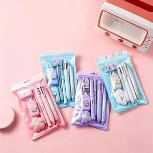7-Piece Cute Blue Kawaii Stationery Set for School & Office Use, Includes Ballpoint Pens, Pencil Sharpener, Highlighter, Correction Tape, Ruler, Markers