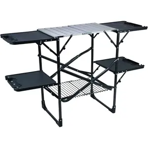 Slim-Fold Cook Station |   Portable Folding Kitchen Table with a Heat Resistant Tabletop, 4 Side Tables & Storage Rack