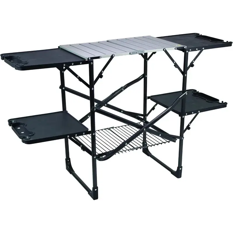 Slim-Fold Cook Station |   Portable Folding Kitchen Table with a Heat Resistant Tabletop, 4 Side Tables & Storage Rack