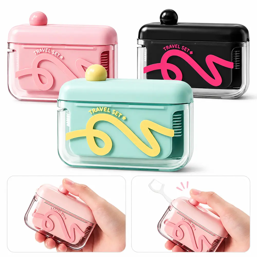 Automatic Dental Floss Dispenser - Compact Daily Travel Set, Portable Pop-Up Floss Pick Holder with Ribbon Accents for On-the-Go Users