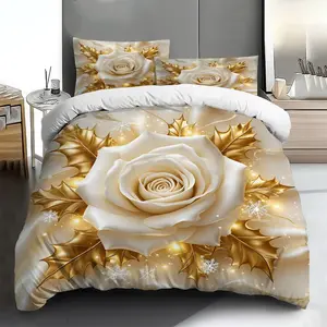 Three-piece bedding set - 2pcs/3pcs 2D Flat white rose, gold leaf and snowflake pattern duvet cover set (1 duvet cover + 1/2 pillowcases, no insert), multi-color printed bedding set, soft and comfortable, suitable for family bedrooms and guest rooms.