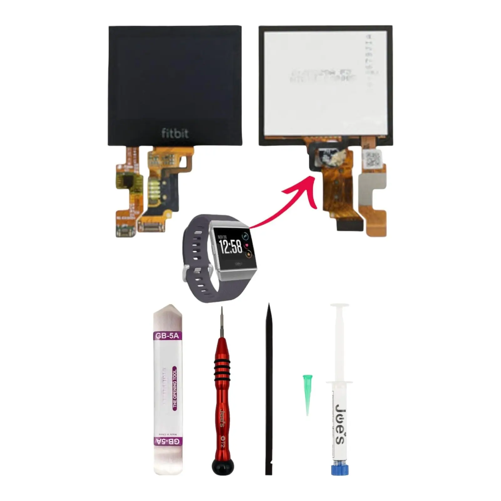 JoesGEcom Replacement Screen for Fitbit Ionic FB503 Full Repair Kit Screen, Glue, Screwdriver, Pry Tool - Parts