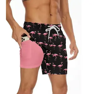 Men's Flamingo Print Swim Trunks with Compression Liner Quick-Dry Surf Shorts Elastic Waist Drawstring with Pockets 2025 New Fashion Breathable Beach Swimmingshorts