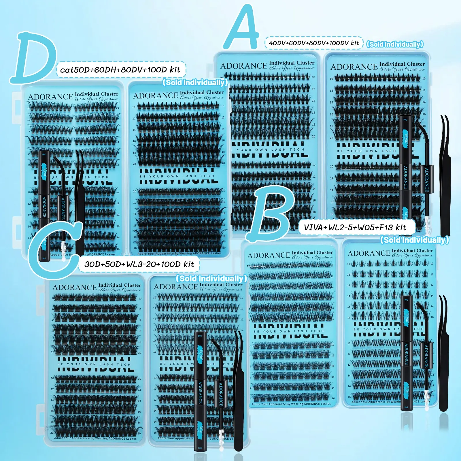 ADORANCE Individual Lash Clusters Kit 444/456/420/267PCS D Curl, Full DIY Eyelash Extension Kit with Bond, Eyelash Extension Glue, Seal & Tweezers for Salon-Quality Looks at Home Eyelash Extensions Set