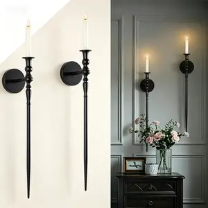 Metal Wall Sconce Candle Holder Set of 2, Gothic Black Scepter Candlestick Holder, Large Metal Wall Decor for Living Room Bathroom Dining, Vintage Home Decoration Accessories, Reusable Gothic Design