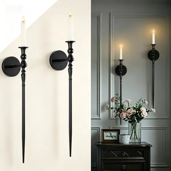 Metal Wall Sconce Candle Holder Set of 2, Gothic Black Scepter Candlestick Holder, Large Metal Wall Decor for Living Room Bathroom Dining, Vintage Home Decoration Accessories, Reusable Gothic Design
