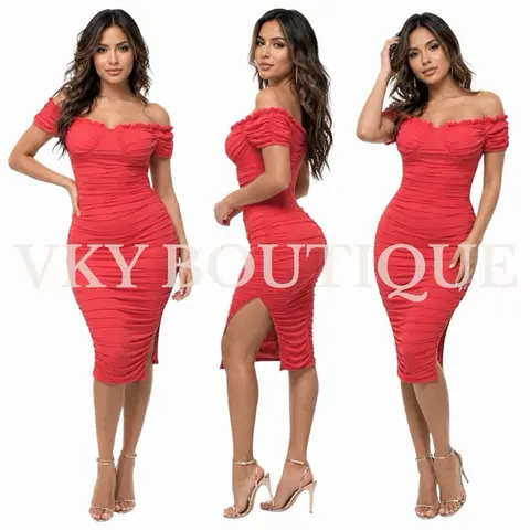 Ruched Off-Shoulder Mesh Corset Midi Dress with Slit AS