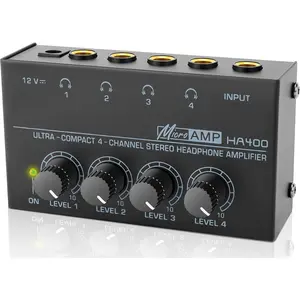 HA400 Headphone Amplifier -4  Metal Stereo Audio Amplifier, Mini Earphone Audio Amplifier with 12V 1A Power Adapter, 1/4" TRS Headphones Output and TRS Audio Input for PC Guitar Studio Stage
