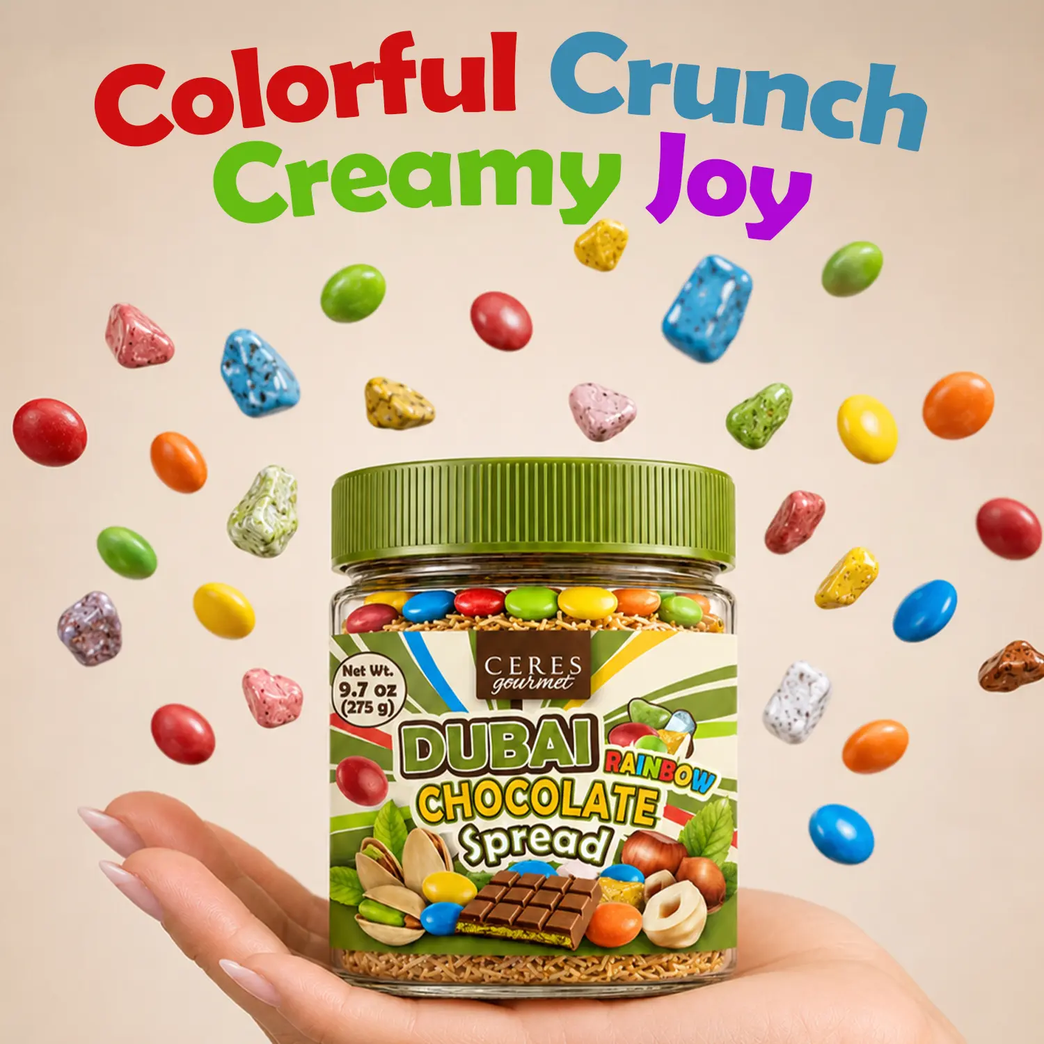 Dubai Chocolate Spread 9.7 oz – Pistachio Cream, Crispy Kataifi & Candy-Coated Chocolate Topping | Viral Gourmet Dubai Chocolate Jar | Fun Gift