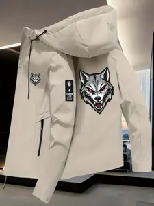 Men's Casual Outerwear, Wolf Head Print, All Season Windproof Jacket, High-Quality Flight Coat, Modern Style, Durable Fabric