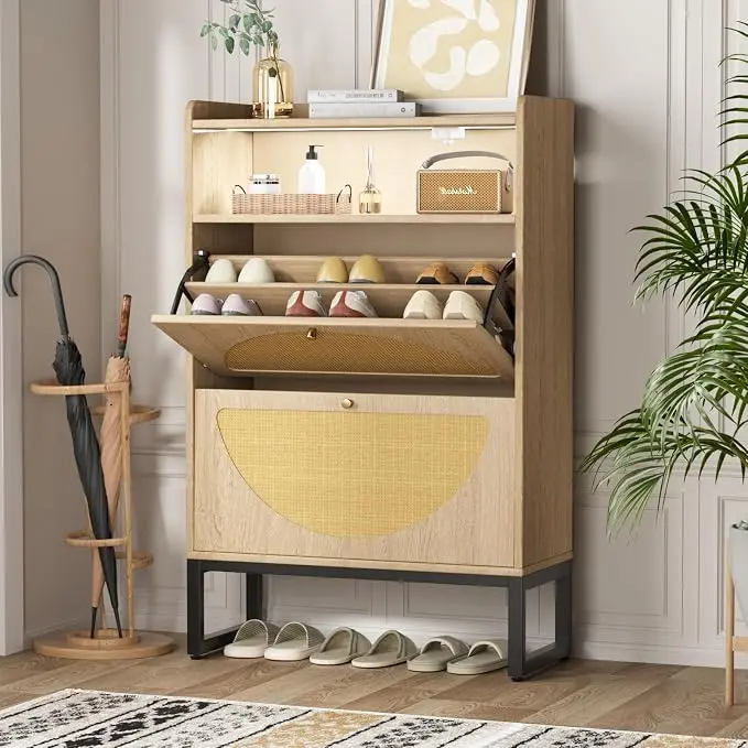 [Summergarden] Vabches Shoe Storage Cabinet, Rattan Shoe Cabinet with 2 Flip Drawers & Sensor Light for Entryway, Narrow Free Standing Shoe Racks for Entryway, Hallway