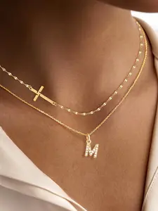 Women's Zirconia Initial Cross Pendant Necklace Set, Stainless Steel Chain, Fashionable Layered Design, Casual Style Jewelry, Layered Necklaces