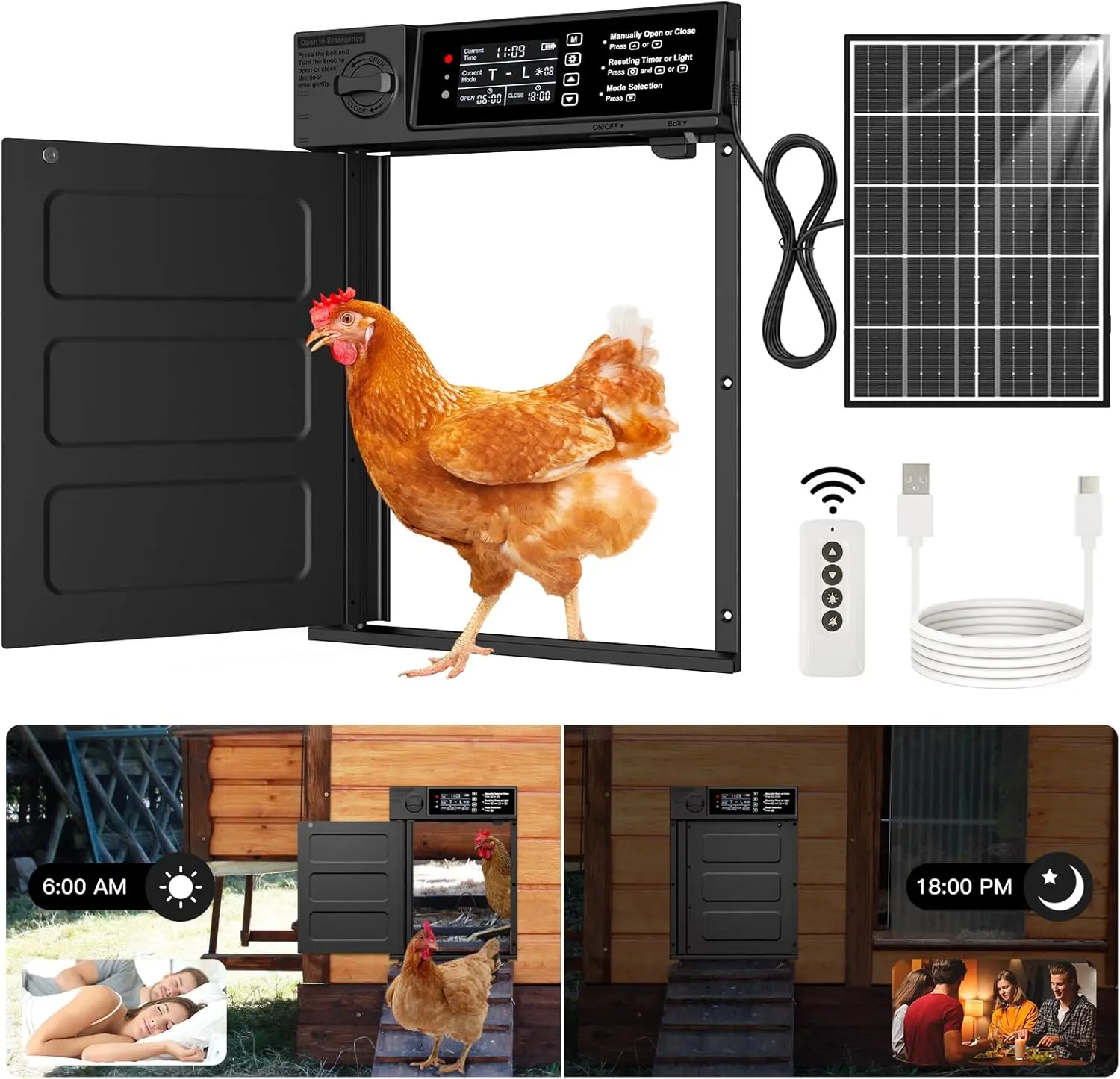 Automatic Chicken Coop Door, Large Size Solar Powered Coop Door with Opening in Emergency, Anti-Pinch, Timer & Light Sensor, Aluminum Waterproof Auto Chicken Door, with 7W Solar Panel automatic  chicken  door duck lcd display manual setting mode,summerwin