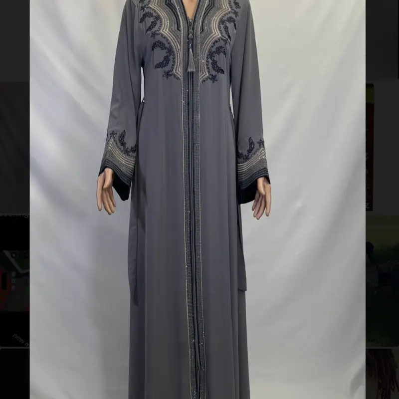 Grey Embroidered Abaya with Rhinestones Designs and Belt - Elegant Women's Fashion Dress