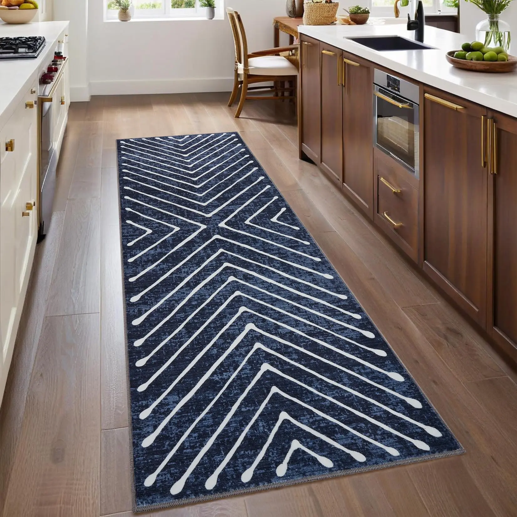 Modern Geometric Stripe Runner Rug 2x6 Runner Rug with Non-Slip Backing Stain Resistant Indoor Carpet Low Pile Floor Cover for Kitchen Hallway Laundry Entryway,Blue