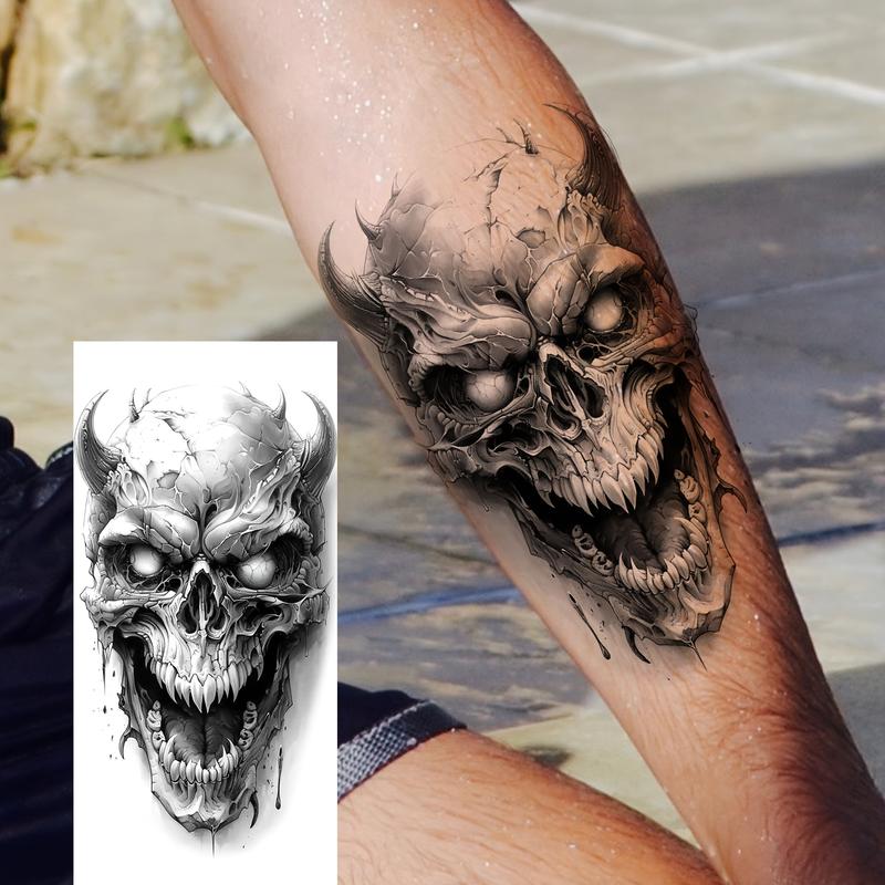 Realistic Solid Waterproof Temporary Tattoos - 6 Peel & Moisture Unscented Stickers (3 Themed, 3 Random Designs) with Halloween Skeletons, Vampires, Demons, Zombies, Butterfly Art for Adults, Applicable on Face, Back, Hands, Arms