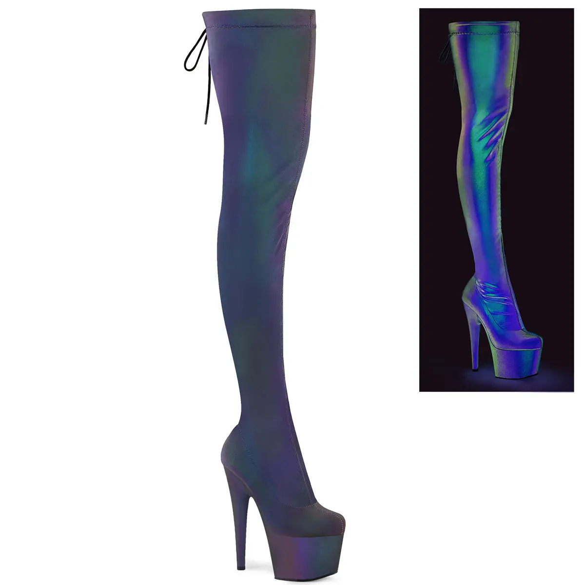 Pleaser Adore-3008REFL Women's Stretch Pull-On Thigh High Boots in Green-Purple Reflective with 7-Inch Heel and Platform Sole