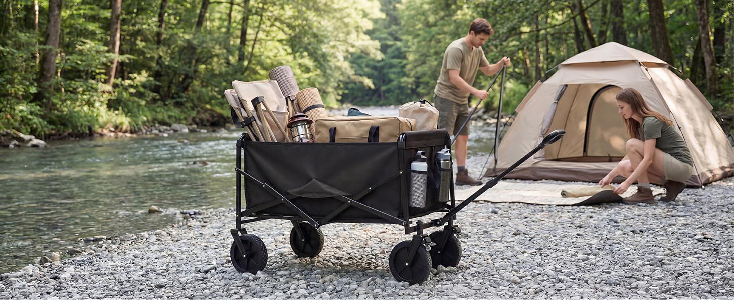 Sweetcrispy Collapsible Folding Wagon - Oxford Cloth Quick-Fold Utility Cart, 102L Large Capacity, 330 lbs Heavy-Duty Trolley with Wheels & Flexible Handle for Outdoor Camping, Grocery Shopping