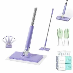 Purple Disposable Face Towel Mop, No-Wash Hands-Free Lazy Mop, Clamp-Type Steel Pole Floor Cleaner, Dry Wet Dual Use Multi-Surface Mop for Bathroom Kitchen Tile Home Cleaning