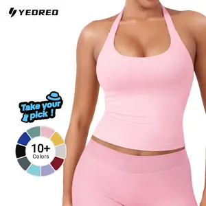 YEOREO SoftHue Women's Impact Halter Tank Top - Longline, Backless, Scoop Neck, Built-in Bra - Sports Workout Gym Crop Top
