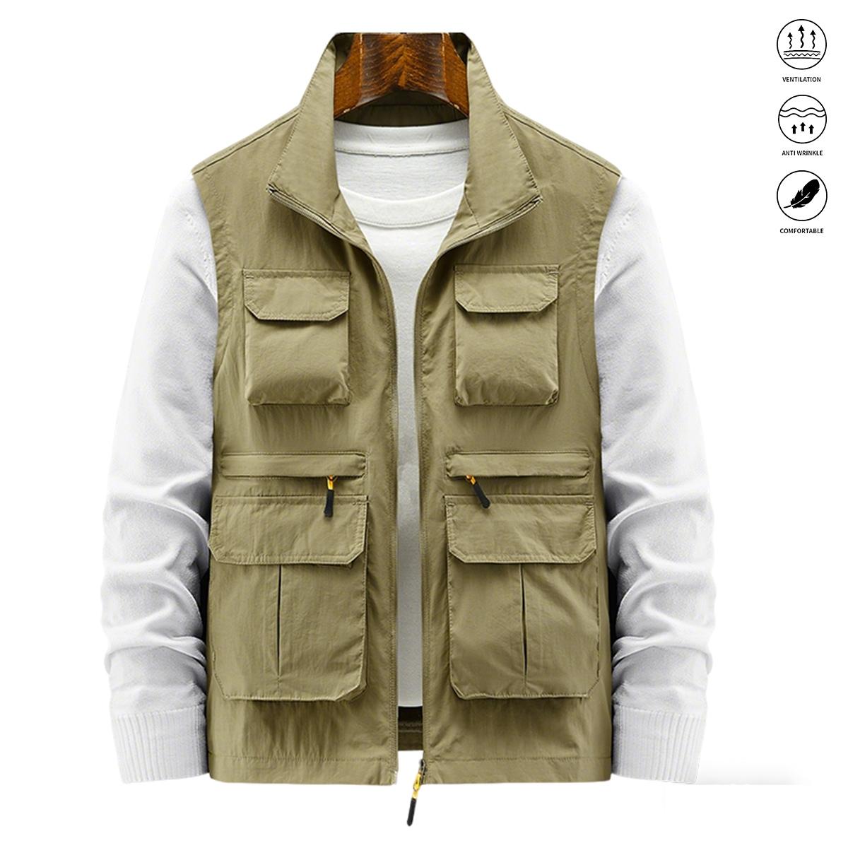 Men's Khaki Multi-Pocket Fishing Vest - Mesh Back Design, Outdoor Functional Vest Suitable for Hiking, Camping, and Fishing Activities