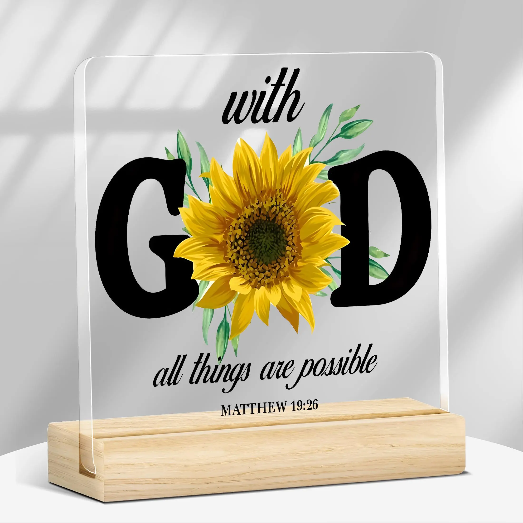 Sunflower & Bible Verse Pattern Acrylic Decorative Plaque with Wooden Base, Rectangle Design, Christian Motivational Gift for Mom, Desk Decor for Office, Bedroom, Living Room, Home Decor, Home Decoration, Home Decor Products, Signs