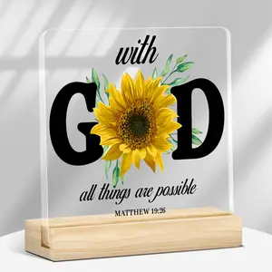 Sunflower & Bible Verse Pattern Acrylic Plaque with Wooden Base, Rectangle Design, Christian Motivational Gift for Mom, Desk Decor for Office, Bedroom, Living Room, Home Decor, Signs
