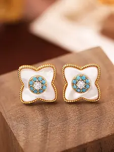 Vintage Clover Mother-Of-Pearl Turquoise Zircon Earrings, Elegant Lightweight Everyday Commuter Jewelry, Versatile Fashion Accessory