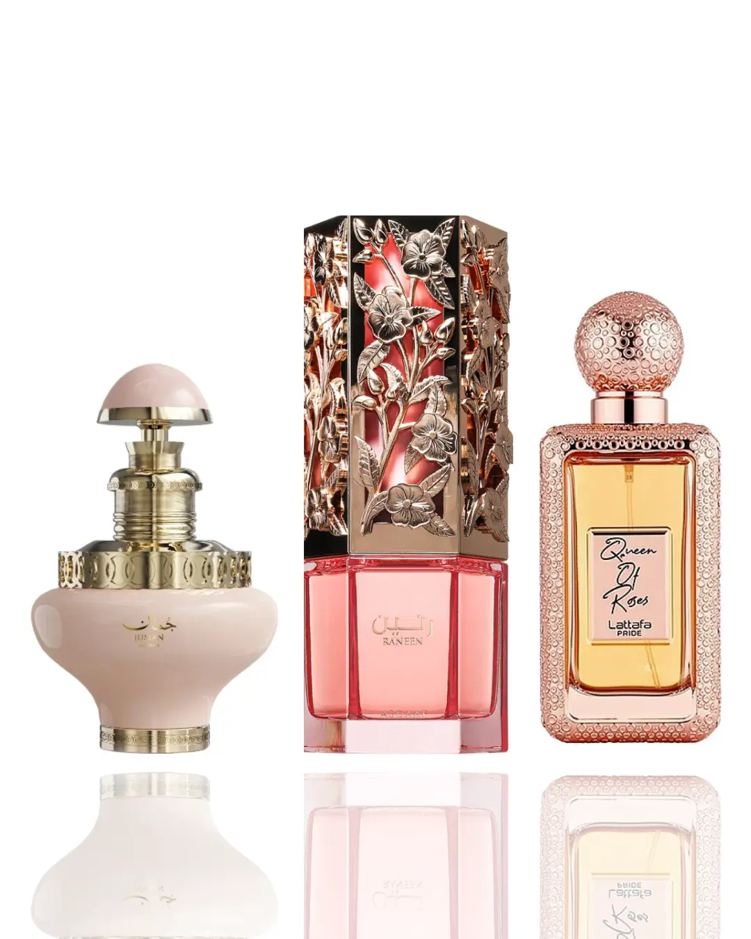 Lattafa Women's 3-Piece Rose Fragrance Bundle Pack - Juman Precious, Queen of Roses, Raneen Scents Trio, Elegant, Sweet, Long-Lasting, Daily Wear, Layer-Friendly, Gifts for Women, Elegant Women's Fragrance