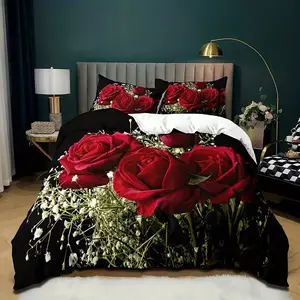 3-piece romantic lover rose Decorative bedding set, including 1 duvet cover and 2 pillowcases (unfilled) made of polyester material, comfortable throughout the four seasons