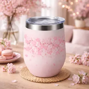 1pc Pink Cherry Blossom Tumbler with Lid, Stainless Steel Insulated Wine Cup, Reusable Vacuum Travel Mug for Coffee, Tea, Water and Iced Drinks, Cute Floral Aesthetic Cup for Home, Office, Spring Gift, Mother’s Day Gift