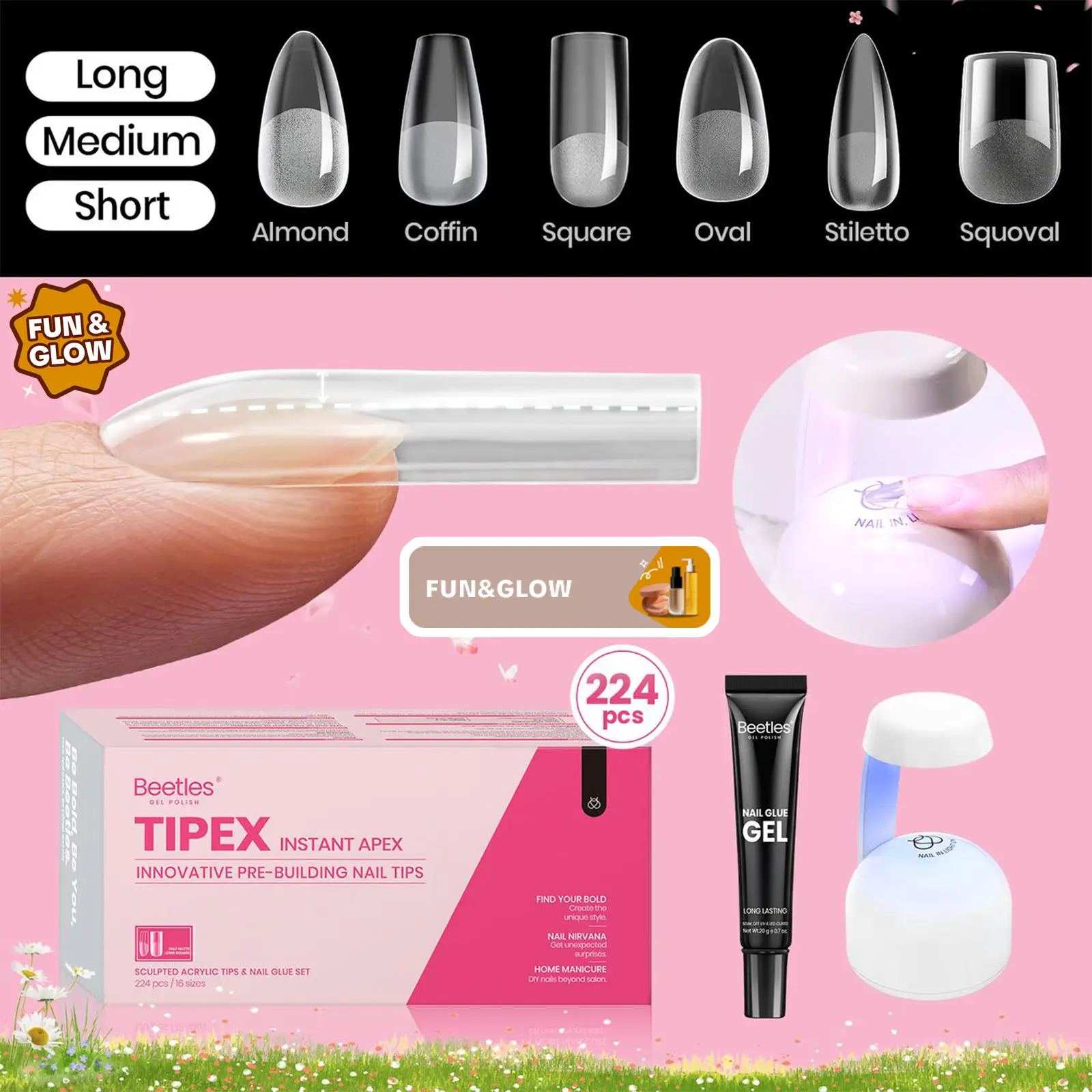 Beetles Tipex Instant Apex Nail Extension Tips Kit Almond/Coffin/Square/Oval/Stiletto/Squaoval Shape Thick Acrylic Nail Flat Nails Manicure Gel press