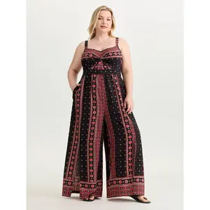 BLOOMCHIC Plus Size Geometric Print Shirred Wide Leg Jumpsuit [M-6X]2026 Summer Vibes Swimweek