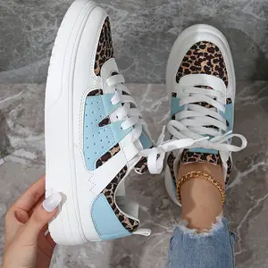 Women's Fashion Leopard Print Light Blue Sneaker-Breathable and Comfortable Lace-up Low-Top Shoes, White Outsole, Suitable for Casual Wear, Tennis and Outdoor Activities, Women's Sneaker