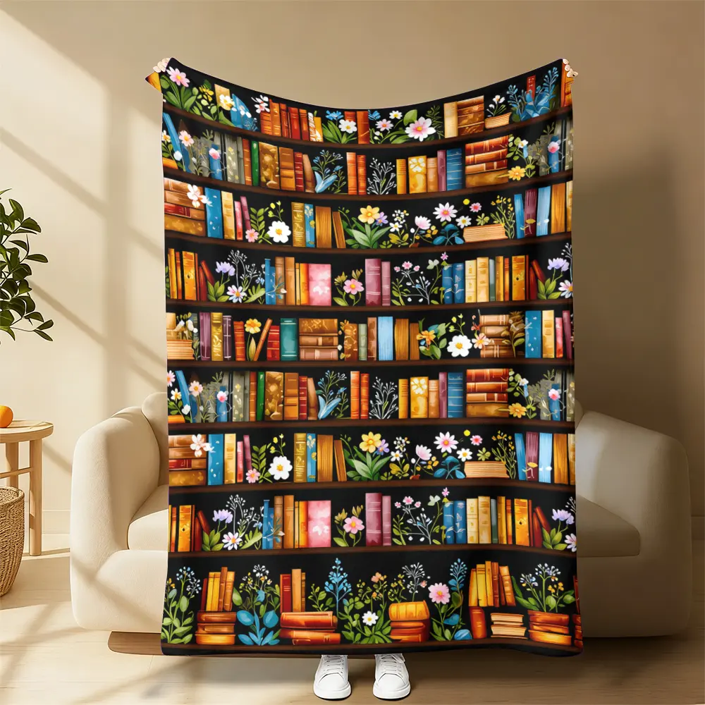 Vintage Bookshelf Library Throw Blanket, Cottagecore Book Wildlowers Blanket Gift For Book Lover Library Gift Floral Bookish Gift For Reader Blanket All-Season Home Bedroom Bed Sofa Picnic Cover Family Friends and Chridren Perfect Gift Christmas Present t
