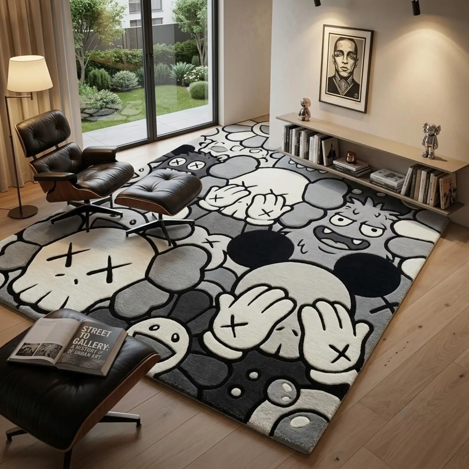 KAWS Inspired Hand Tufted Rug, Large Modern Abstract Grey Black Cream Area Rug, Luxury Hypebeast Home Decor