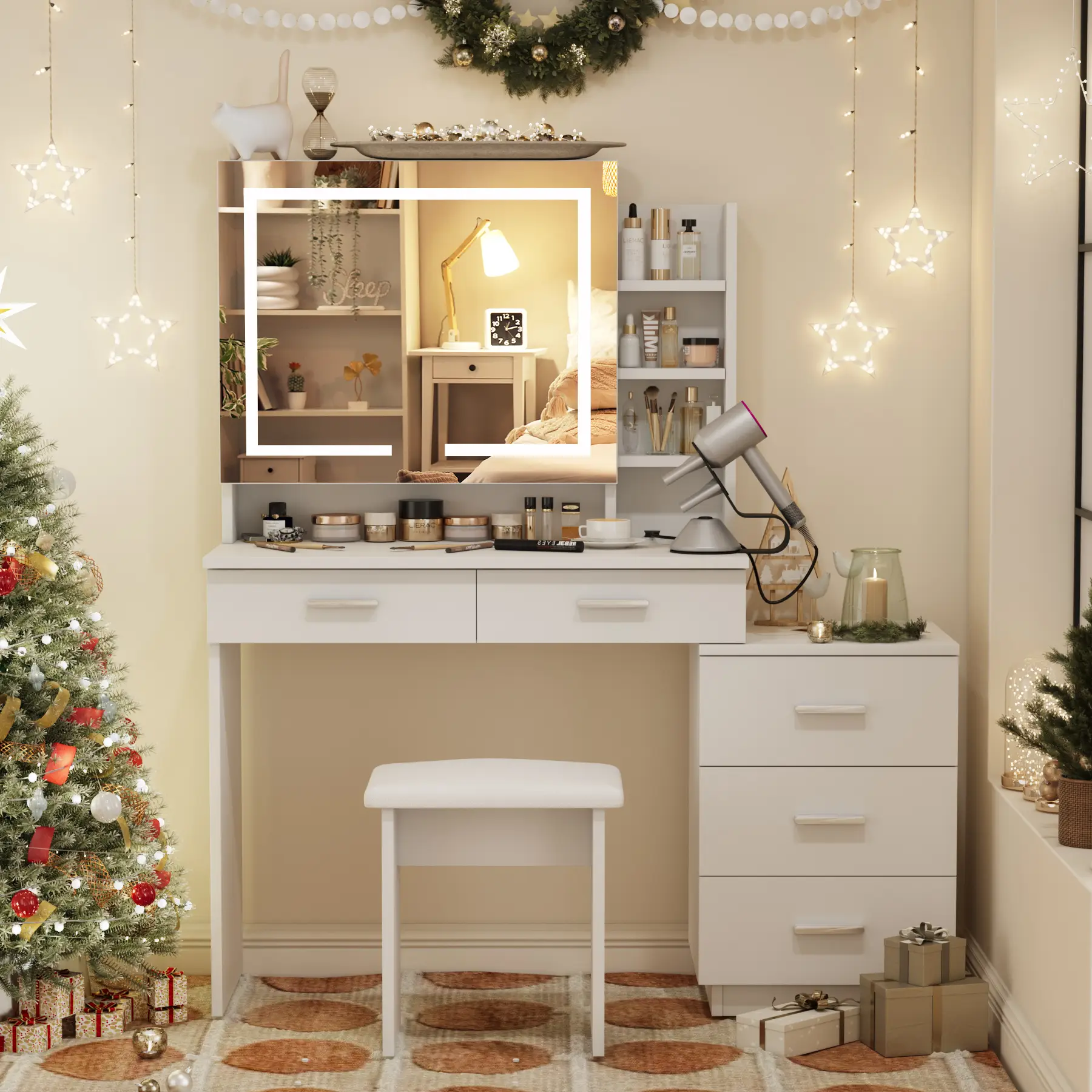 VOWNER Makeup Vanity Desk Set With Sliding Lighted Mirror And Outlets, 5 Drawers For Storage, Come With Stool, For Girls Women