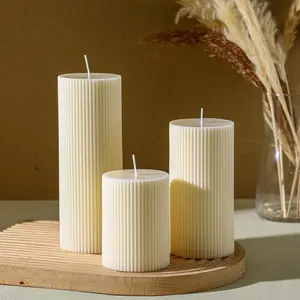 Ribbed Pillar Candles Set of 3, Width 3" High 4" 6" 8" Large Soy Wax Scented Pillar Candles Aesthetic Ribbed Modern Home Decor for Bathroom Living Room(Cream)