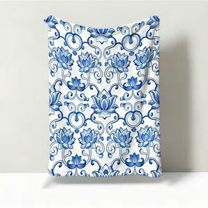 1 Pack Blue and White Porcelain Lotus Single-Side Printed Flannel Blanket, HD Digital Print Chinoiserie Floral Ultra-Soft Plush Throw Blanket, Warm Cozy Multipurpose All Season Gift Blanket for Couch Bed Travel