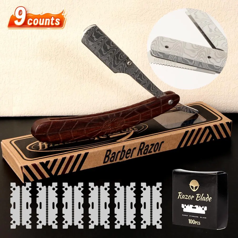 Men's High Quality Manual Straight Razor Set Kits, 9 Counts/set Including 6 Counts Stainless Steel Blade & 1 Count Protective Cover & 1 Count Gift Box & 1 Count Razor Holder, Professional Barber Razor for Men, Shaving Razors