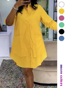 Women's Plain Button Front Pocket Shirt Dress, Casual Long Sleeve Curved Hem Short Dress for Daily Wear, Ladies Clothes for All Seasons, Casual Everyday Wear