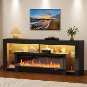 【2Packages Shipping】82"/94.5" Modern High Gloss Fireplace TV Stand with 50" Fireplace, Entertainment Center with Electronic Flame and LED Lights, TV Console Cabinet, White,Black