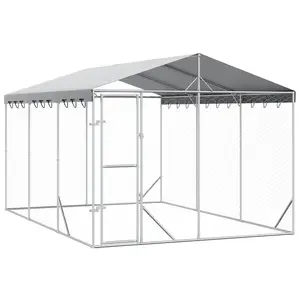 vidaXL Outdoor Dog Kennel with Roof Silver 9.8‘x14.8‘x8.2‘ Galvanized Steel, dog kennel, dog cage, chicken run, doghouse, chicken coop, pet cage 3190487