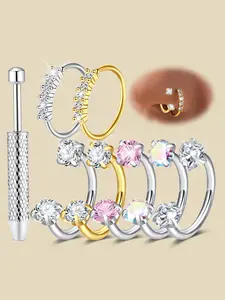 18G horseshoe nose ring for women, cubic zirconia heart-shaped nose ring, stainless steel tragus cartilage earrings, ear helix jewelry, double gemstone nose piercing jewelry, Rhinestone Nose Ring