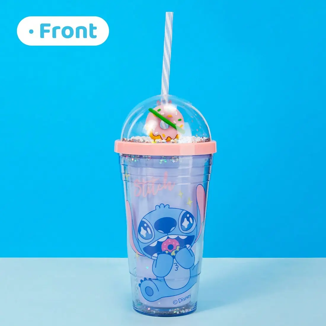 Disney Stitch Donut-Themed Double-Layer Plastic Straw Cup (480ml/16.23oz) - Kitchenware Drinkware Tumbler for Party, Daily Sips, springtok, cozyvibes，Back to school