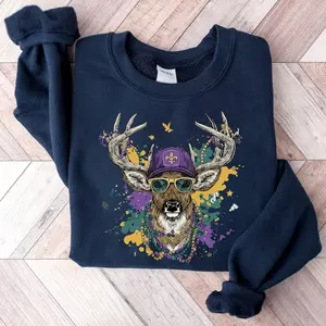 Mardi Gras Deer Sweatshirt, Funny Buck With Sunglasses Shirt, Cool Fat Tuesday Crewneck, Nola Carnival Gift, Fleur De Lis Hat Graphic