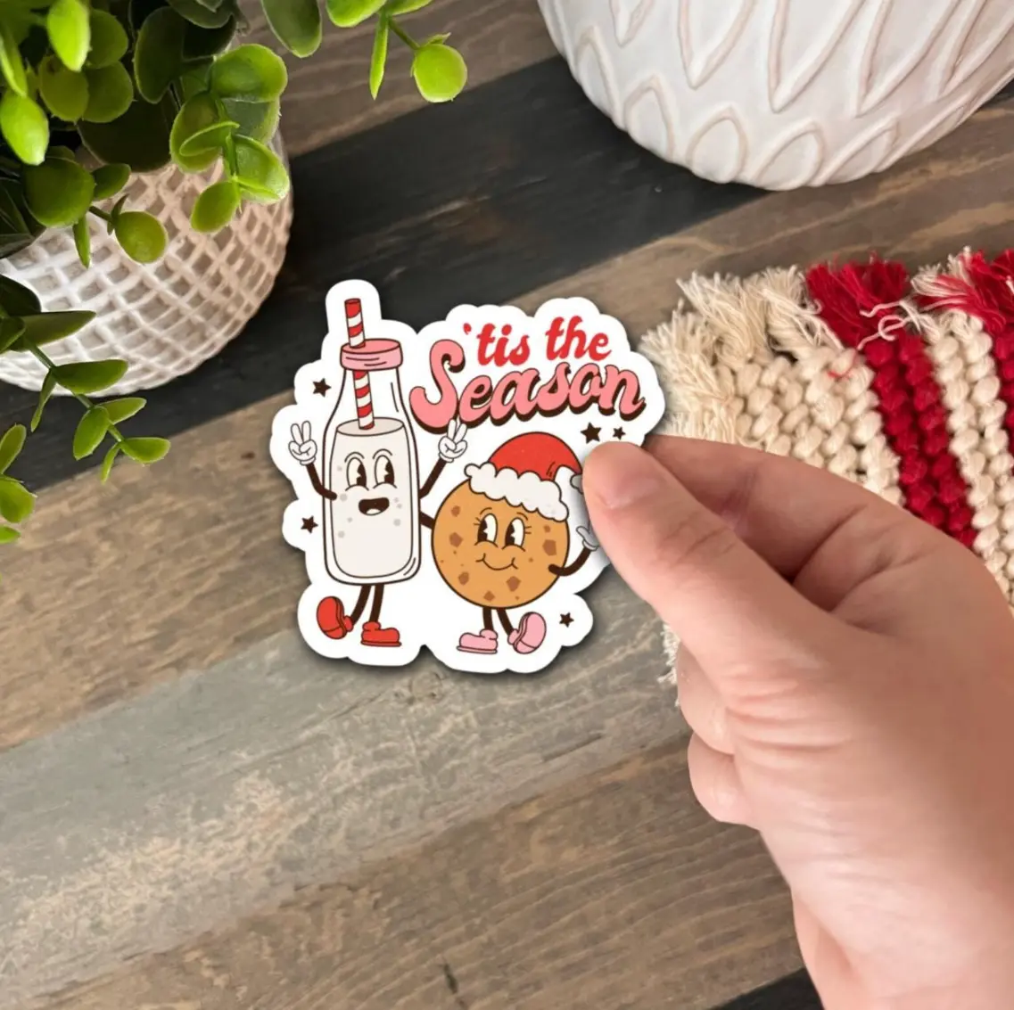 Christmas Holiday Durable Vinyl Sticker 'Tis The Season Cute Milk and Santa Cookie | Waterproof Sticker Pack | Fall Decor | Decoration Ornaments