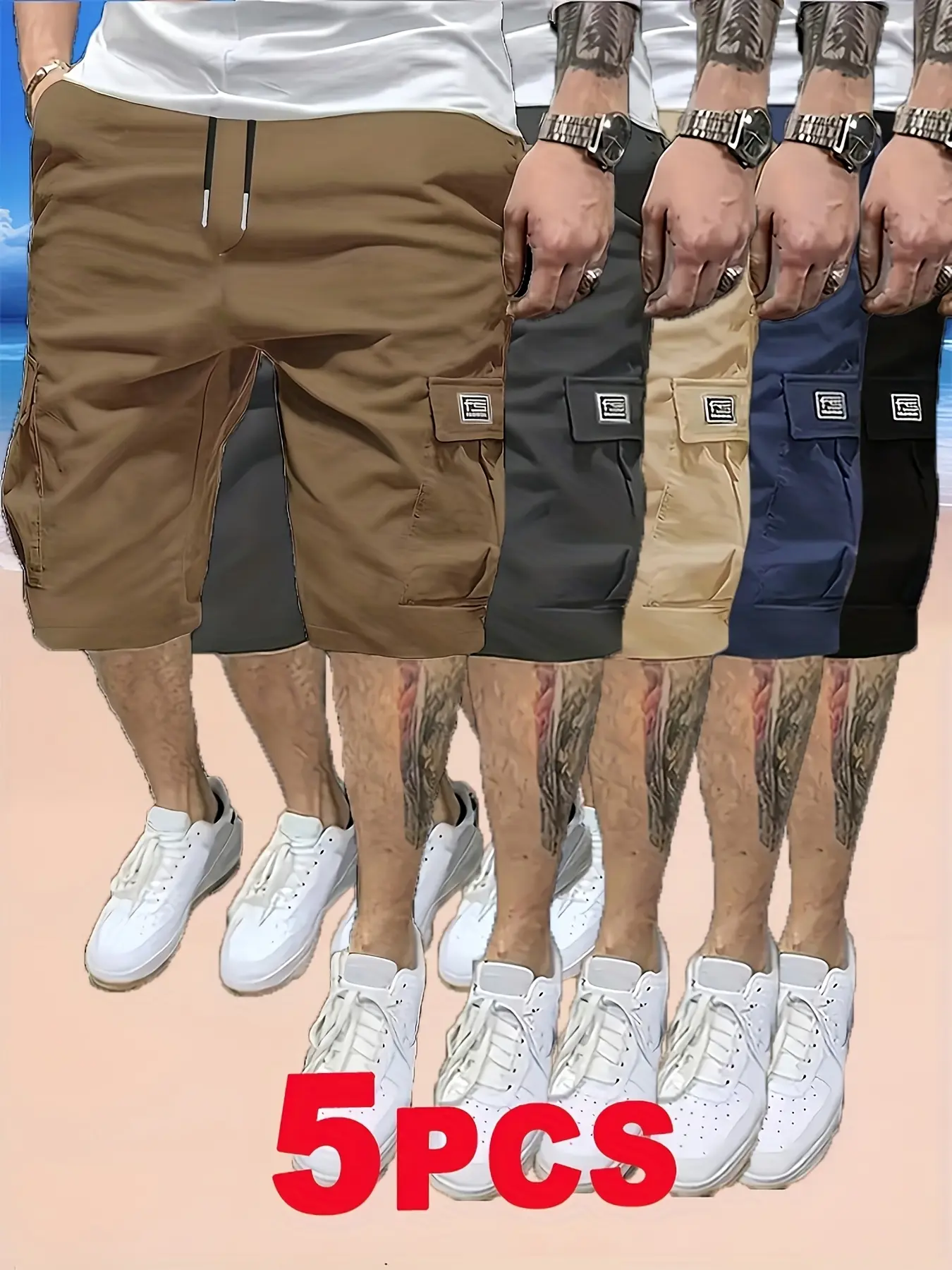 Pack of 5 men’s cargo shorts, summer trendy casual shorts with multiple pockets, comfortable and breathable, stylish and versatile, suitable for outdoor activities and commuting